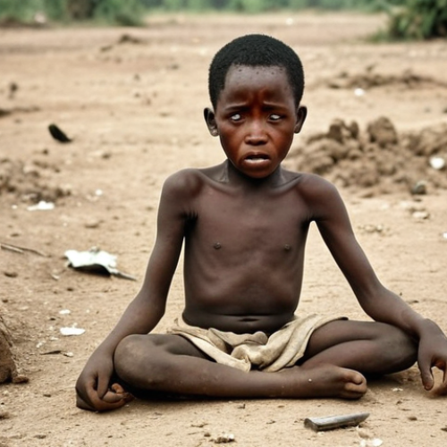 **

*   **Subject:** A heartbreaking scene depicting Biafran children with distended stomachs and vacant stares, symbolizing the devastating famine during the Nigerian Civil War.
*   **Setting:** A dusty, desolate landscape in Biafra.
*   **Style:** Photojournalistic, capturing the raw emotion and suffering.
*   **Details:** Emaciated children, flies buzzing around, tattered clothing, dry earth.

**