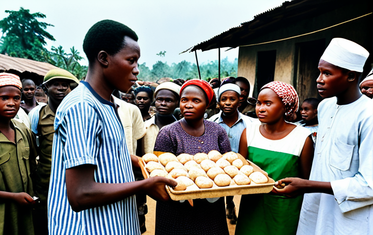 Humanitarian Aid in Biafra**

"A group of fully clothed aid workers distributing food and medical supplies to a crowd of people in a Biafran village during the civil war. Modest clothing, appropriate attire, safe for work, perfect anatomy, natural proportions, documentary photography, high quality, family-friendly."

**