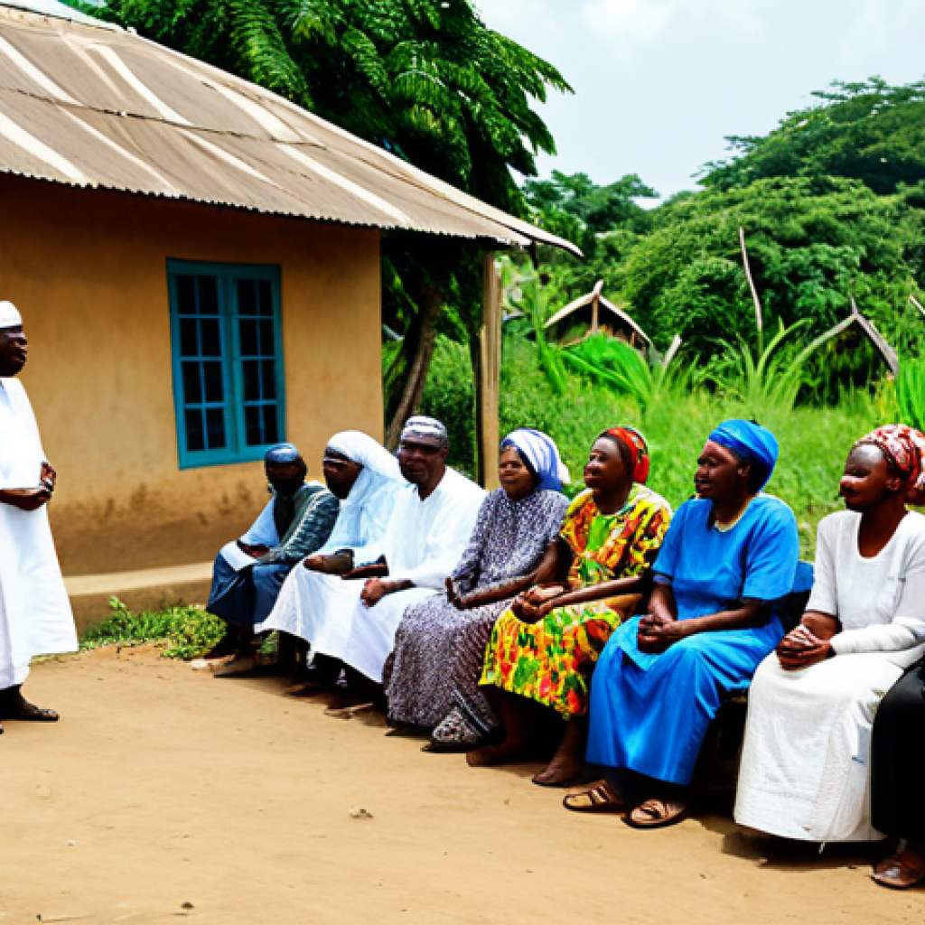 **

"A community meeting in a rural Nigerian village. People are dressed in modest, traditional clothing, listening attentively to an elder speaking. Lush green vegetation in the background. Focus on community healing and reconciliation. Safe for work, appropriate content, fully clothed, professional, perfect anatomy, natural proportions, family-friendly."

**