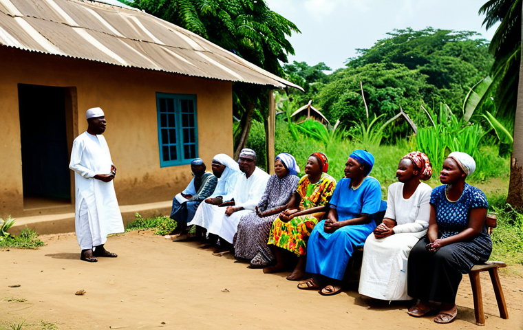 **

"A community meeting in a rural Nigerian village. People are dressed in modest, traditional clothing, listening attentively to an elder speaking. Lush green vegetation in the background. Focus on community healing and reconciliation. Safe for work, appropriate content, fully clothed, professional, perfect anatomy, natural proportions, family-friendly."

**