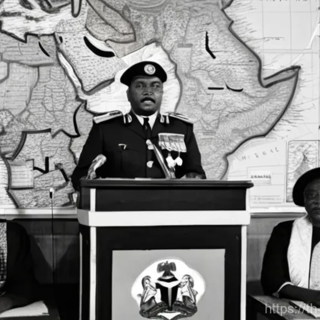 비아프라 공화국 지도 - **Image Prompt: The Birth of Biafra**
    A wide-angle, historically evocative depiction of Lt. Colo...