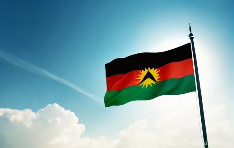 비아프라 공화국의 국기 의미 - **Prompt:** "A powerful and symbolic depiction of the Biafran flag. The flag features three equal ho...