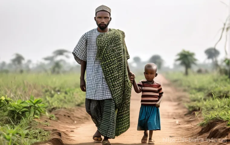 비아프라 독립운동과 디아스포라 역할 - **Prompt: Biafran Resilience During the War**
    A poignant, realistic depiction of a small group o...