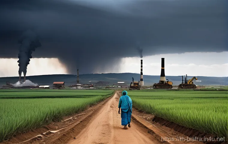비아프라와 석유 자원 문제 - **Prompt 1: The Paradox of Riches and Poverty**
    A wide shot capturing a striking contrast. In th...