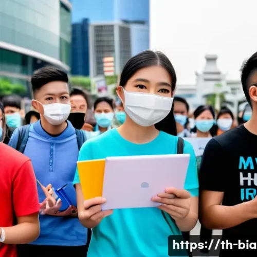 비아프라 독립운동과 청년 운동 - A diverse group of young Thai activists peacefully protesting in a bustling Bangkok city square, hol...