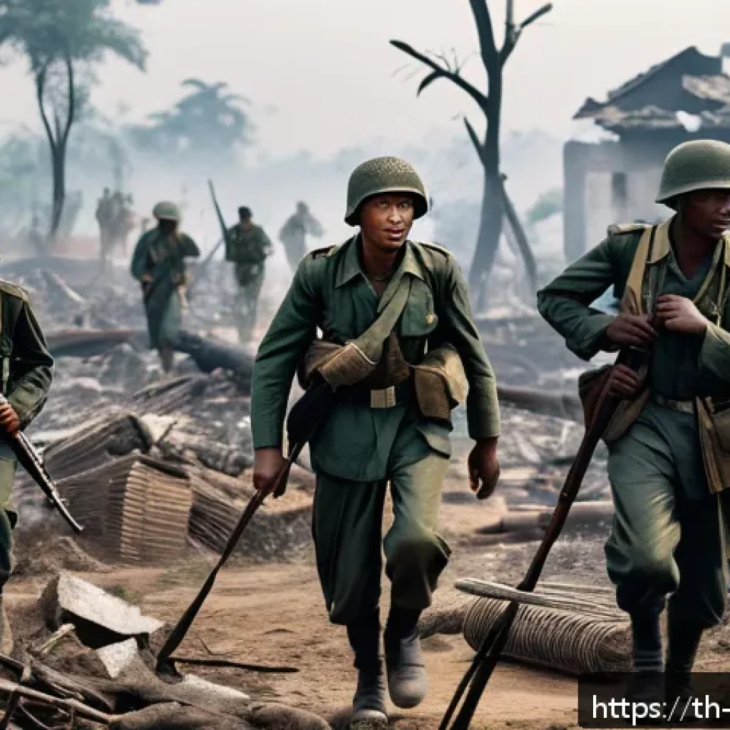 비아프라 전쟁 관련 사진 아카이브 - A detailed battlefield scene from the Biafra War showing exhausted soldiers in worn uniforms and bas...