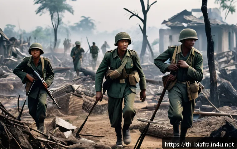 비아프라 전쟁 관련 사진 아카이브 - A detailed battlefield scene from the Biafra War showing exhausted soldiers in worn uniforms and bas...