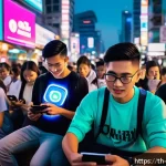 비아프라 독립운동과 SNS 활용 - A vibrant digital scene showing diverse young Thai activists using smartphones and laptops, connecte...