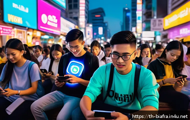 비아프라 독립운동과 SNS 활용 - A vibrant digital scene showing diverse young Thai activists using smartphones and laptops, connecte...