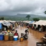 비아프라 난민 위기 - A crowded refugee camp in Biafra with numerous makeshift tents and temporary shelters constructed ha...