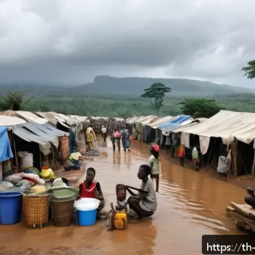 비아프라 난민 위기 - A crowded refugee camp in Biafra with numerous makeshift tents and temporary shelters constructed ha...