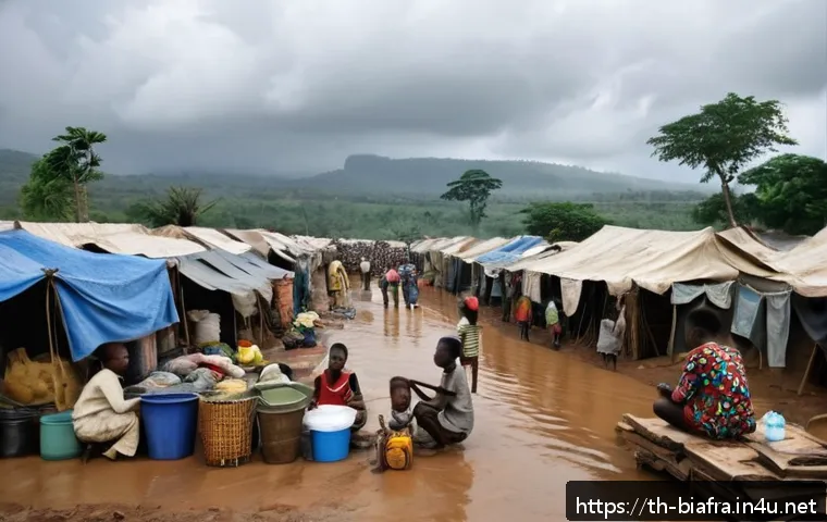 비아프라 난민 위기 - A crowded refugee camp in Biafra with numerous makeshift tents and temporary shelters constructed ha...