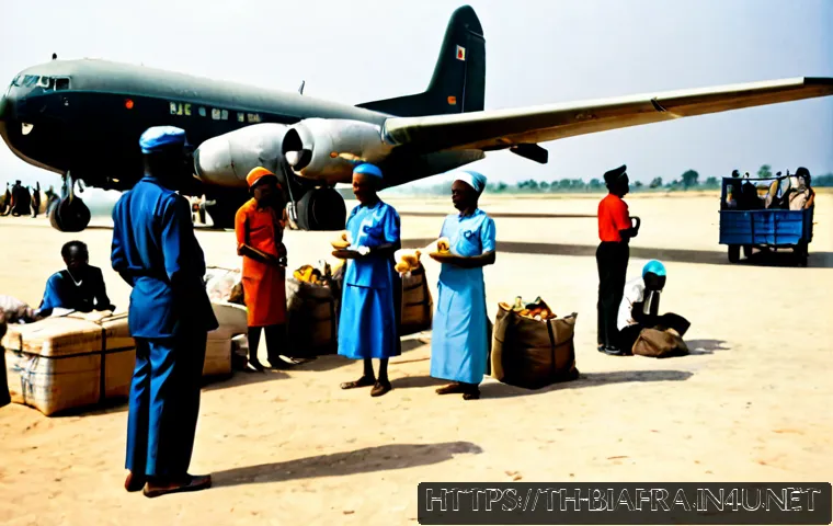 Home 17 비아프라 독립운동과 국제 사회 반응 - Photorealistic 1960s humanitarian relief scene during the Biafran conflict, a cargo aircraft unloadi...